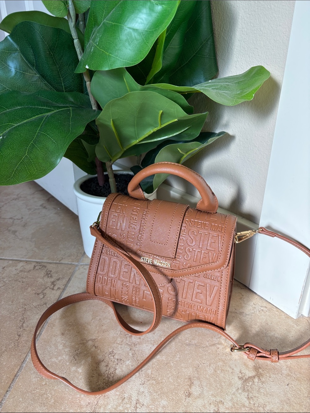 Steve Madden Tan Embossed Top-Handle Satchel
